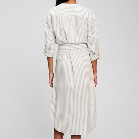 Gap Linen Blend Belted Shirtdress Sundress Button Down Striped Ivory Rayon - Picture 8 of 8